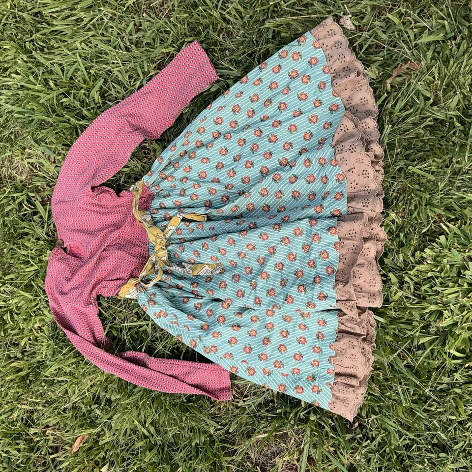 Vestido Giratorio Mostaza Pie Niñas Talla 6 Boho Manga Larga Pradera Marrón Azul Rojo Foto 4 de 4