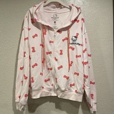 Hello Kitty Sanrio Light Pink Red Bow Print Embroidered Hooded Sweatshirt Sz L