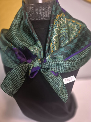 Christian Dior Silk Chiffon Square Scarf Green Purple Floral Paisley Houndstooth