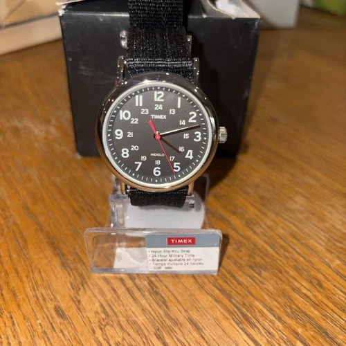 Timex Weekender T2N6479J 38mm Black Dial INDIGLO Nylon Slip-Thru Watch | New