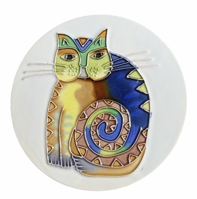 Studio Art Glazed Cat Tile Trivet Handmade Round Ceramic Display Decor 5.5 