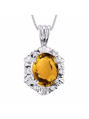 RYLOS CITRINE & DIAMOND GEMSTONE HALO PENDANT NECKLACE 18'' STERLING SILVER