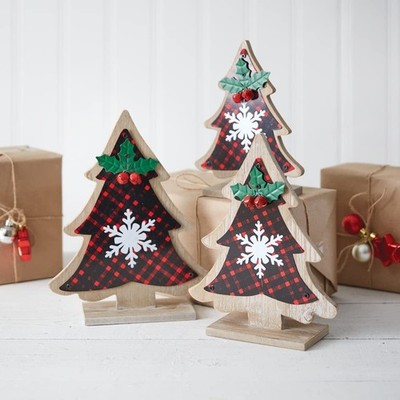 Set of Three Buffalo Plaid Tabletop Wooden Christmas Trees - 11''