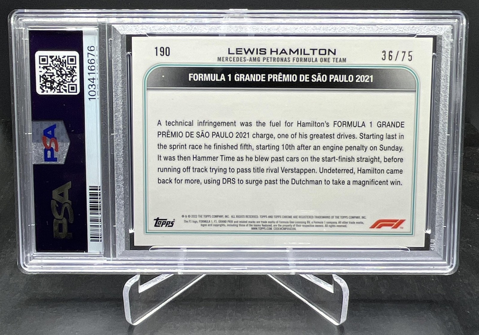 2022 Topps Chrome Sapphire Formula 1 F1 Lewis Hamilton Green 36/75 PSA 10 #190 view 2