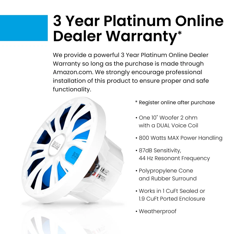 BOSS Audio MRGB10W 10 Inch Boat Subwoofer 800 Watts Weatherproof RGB Lighting - Image 3 of 4