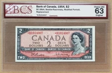 1954 Bank of Canada $2 Dollars Replacement Note *B/B1014007 BCS CH.UNC63 BC-38bA