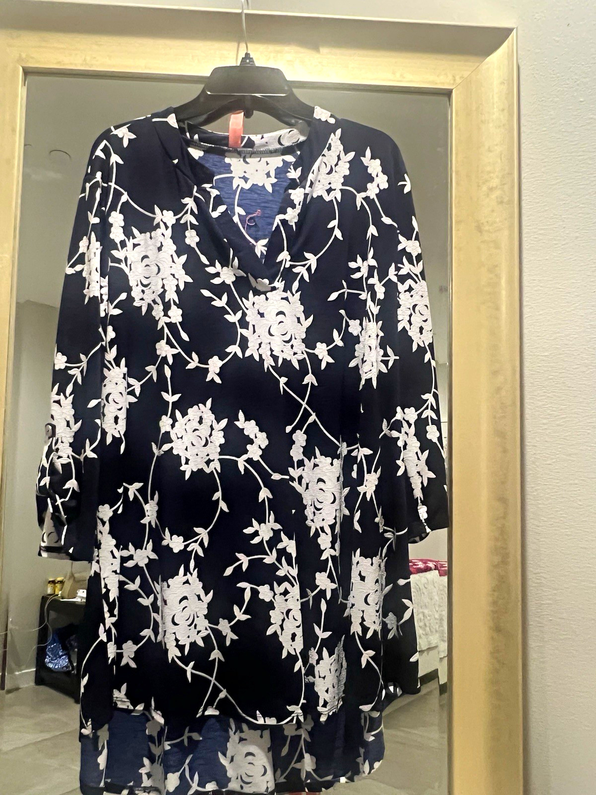 Women’s Black & White Floral V-Neck Long Sleeve Layered Shift Dress L