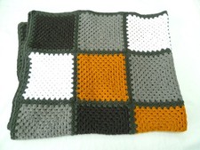 Vintage Handmade Wool Crochet Afghan Autumn Colors Squares Throw Blanket 54x44
