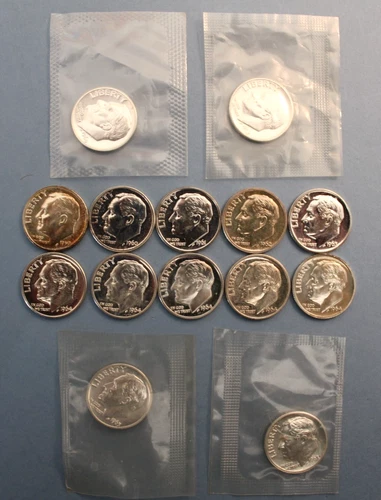 Proof Roosevelt Silver Dime Lot, 90%, 14 dimes total, 10C, 1959 - 1964