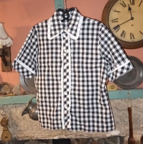 Vintage 1960s/1970s Elsie Whiteley Cotton Gingham Blouse, 18, Black & White