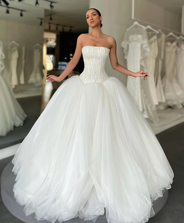 Strapless Luxury Pearls Beaded Wedding Dress Sleeveless Bridal Gowns Custom Made | eBay Strapless Luxury Pearls Beaded Wedding Dress Sleeveless Bridal Gowns Custom Made | eBay