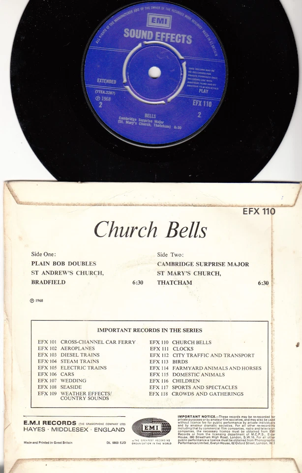 SOUND EFFECT RECORD *CHURCH BELLS*  1968 UK FIELD RECORDING SPECIAL EFFECTS - Image 2 of 2
