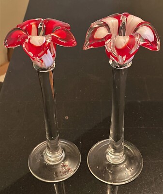 MURANO HAND BLOWN GLASS LONG STEMMED CANDLE STICKS - RED & WHITE