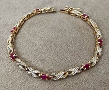 Brazalete de eslabones de tenis rubí rosa simulado corte ovalado de 6,39 quilates enchapado en oro amarillo de 14 quilates