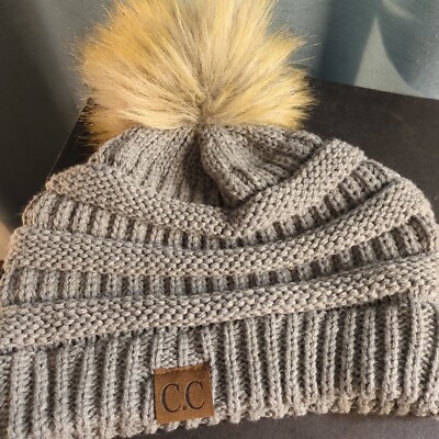 C.C Knit Beanie Hat Nice Warm Pre Owned Grey With Pom Pom
