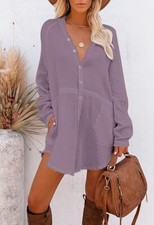 Women's Shirt Dress button down Cover Up 100% cotton Swimsuit Beach purple Small