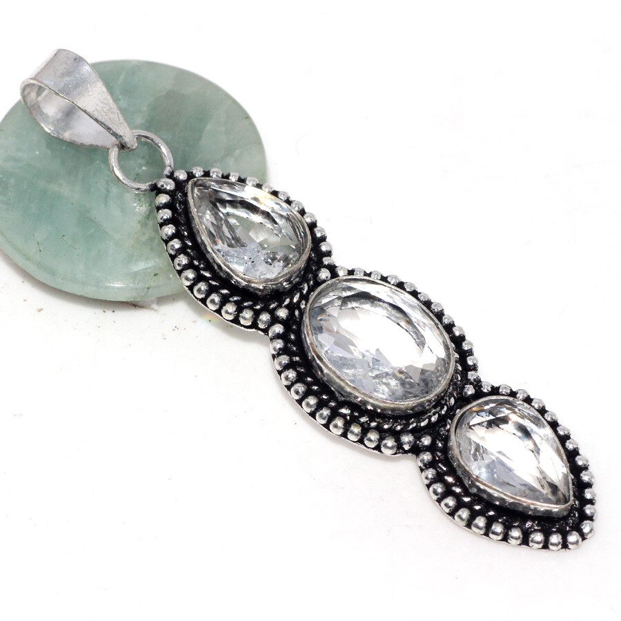 925 Silver Plated Crystal Topaz Jewellery Pendant Handmade Size 2.6