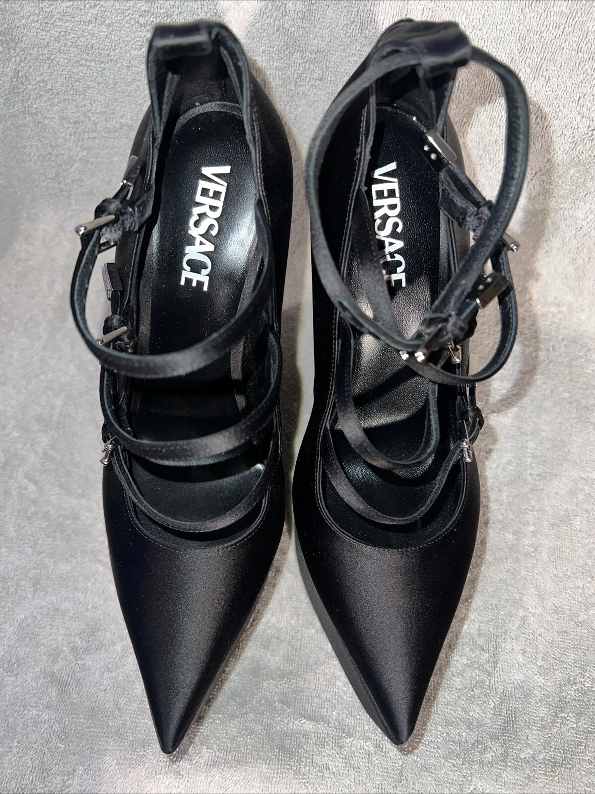 NUOVE scarpe décolleté con plateau Versace Tempest nere a punta raso taglia 39 5 US 9 5