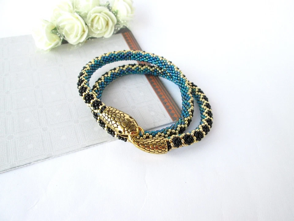 Turquoise Handmade snake bracelet Ouroboros jewelry Serpent rope Choker  - Image 4 of 4