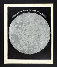 c 1850 Smith Astronomy Print Telescope View Full Moon Phase Lunar Craters