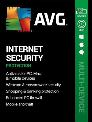 AVG Internet Security Antivirus 2025 - 10 Geräte 2 Jahre Win Mac iOS Key am selben Tag