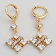 Pretty New Yellow Gold Plated Clear Square Round CZ Dangle Drop Earrings