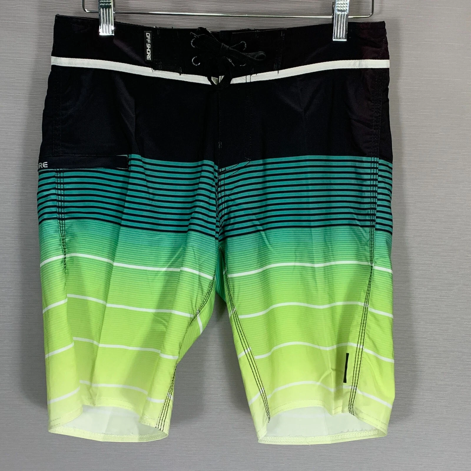 Short de bain offshore homme 30 suprême noir vert rayures fermeture éclair poche cravate natation