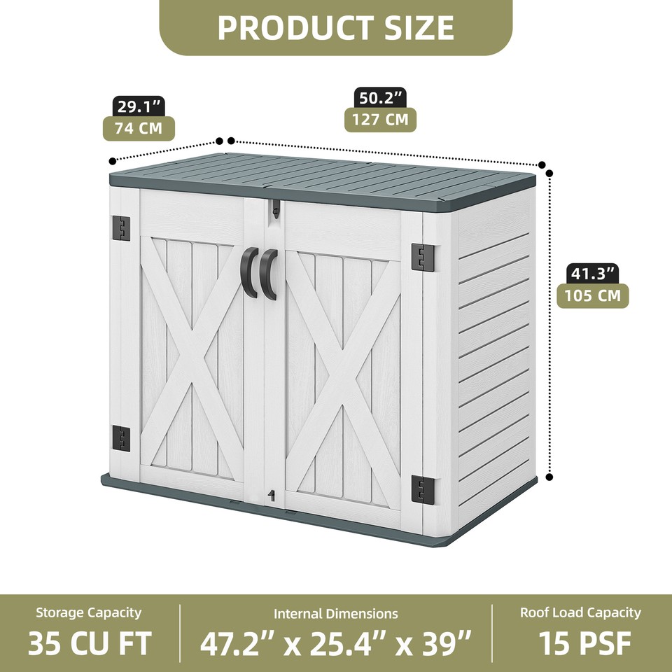 Outdoor Horizontal Storage Shed 35 CuFT Weatherproof Patio Garden Deck