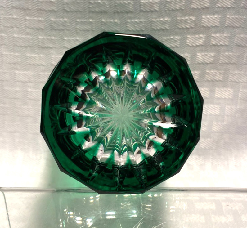 AJKA CAROLYNE HIGHBALL GLASS EMERALD GREEN CUT TO CLEAR CRYSTAL HUNGARY BOHEMIAN