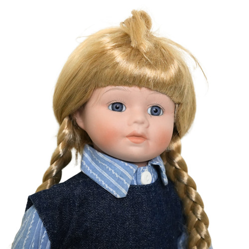 Vintage Porcelain Doll 37cm Blonde Braids Blue Dress Collectible Display