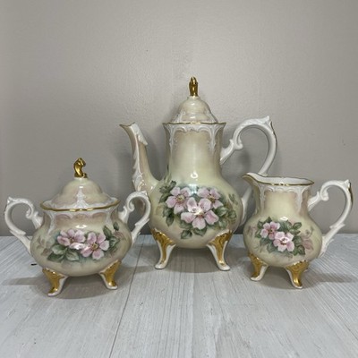Vintage Hand Painted Doris Frere Signed Tea Pot Creamer Sugar Set (3)