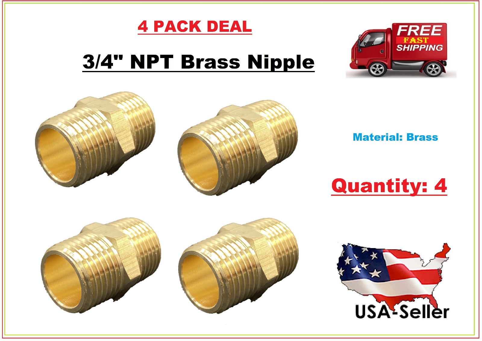 4 Pack Hex Bushing 3/4" NPT Nipple Pipe Fitting Brass
