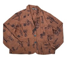 Chicos Silk Blazer Jacket Brown Asian Script Print Button Front Size 2 US L