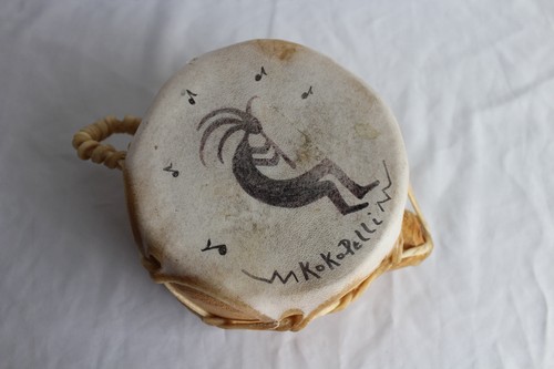 handmade Native American style buffalo hide drum Kokopelli figure 5.5”x 3.25”