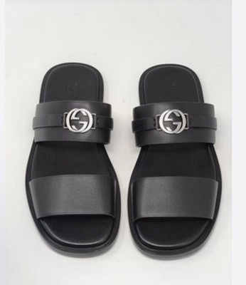 Gucci Men’s Black Leather Double-Strap Velcro Sandals Gucci Black Leather GG Monogram Strap Sandals Size 10 UK main image 4