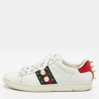 Gucci Ace Size 37.5 White Leather Web Lace Up Sneakers