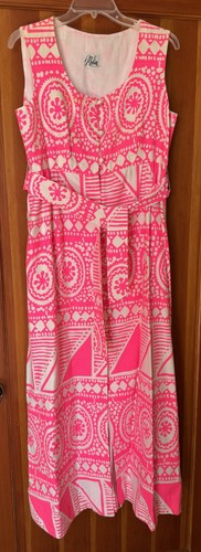 Vintage Malia Honolulu Bright Pink & White Hawaiian Hawaii Maxi Sleeveless Dress