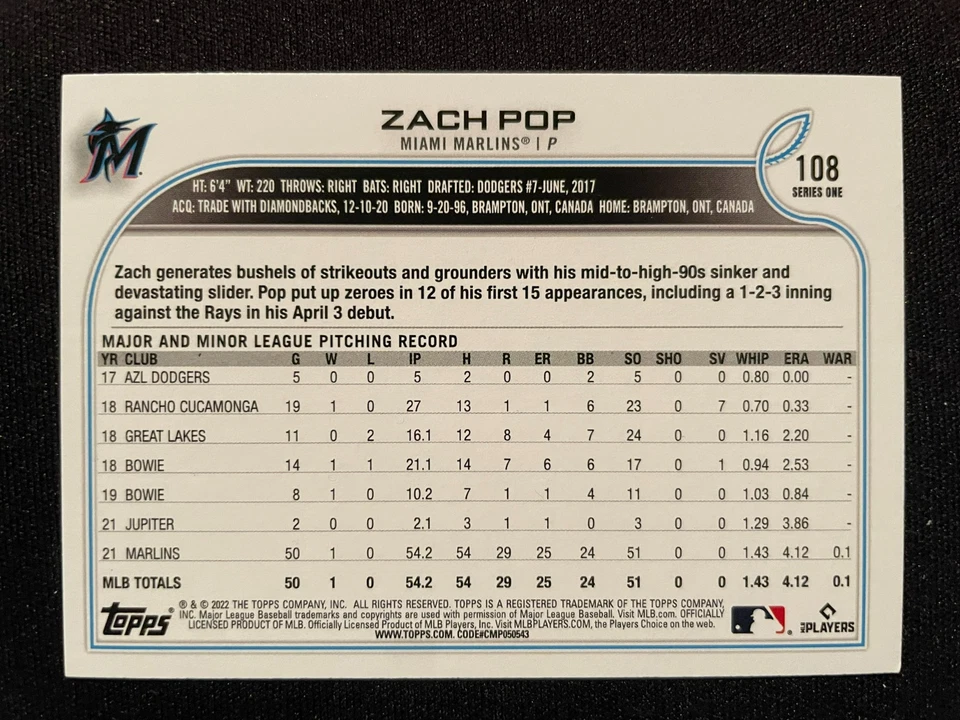 Zach POP 2022 Topps Series One Rookie #108 Miami Marlins - Image 2 of 2