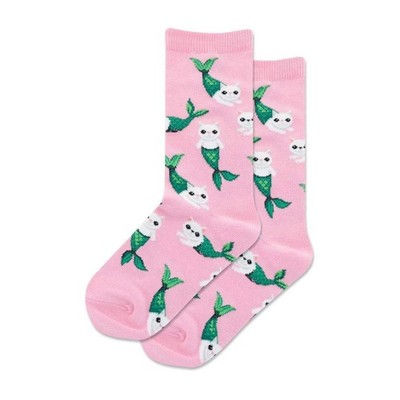 Hot Sox Kid's Mermaid Cat Crew Socks 1 Pair, Pink, 6-12, Pink
