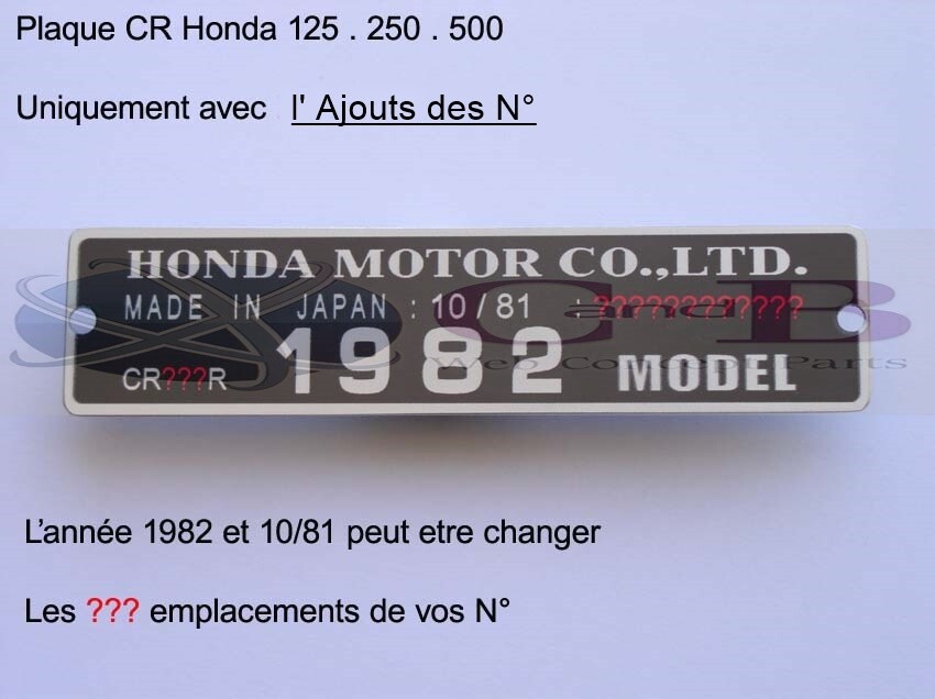 Plaque CR Honda avec option ajout de numéro pour restauration de moto