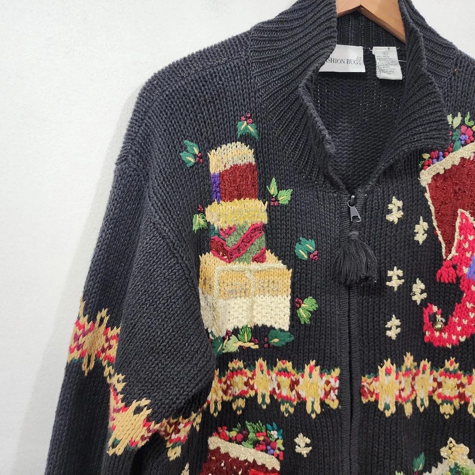 Vintage Fashion Bug Black Ugly Christmas Cardigan Sweater Bells Bows Holiday XL - Image 3 of 4