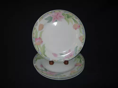FOUR {4} GIBSON CHINA 7 1/2" SALAD PLATES WITH FLORAL TULIPS & LILY FLOWERS