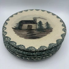 Set of 4 Dinner Plates Hand Painted Cabin In The Pines Stoneware Heavy Signed CC