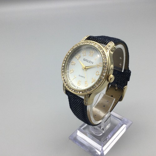 Gruen Watch Women Pave Gold Tone Round Dial Blue Denim Band New Battery - Picture 4 of 17