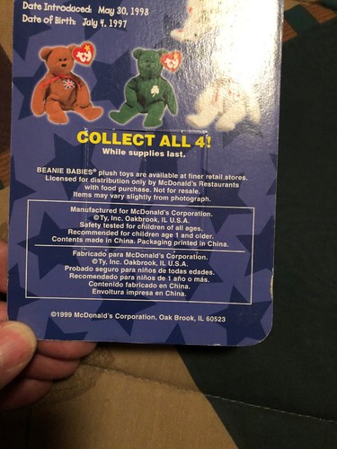 Rare Glory The Bear 1999 McDonald's Ty Beanie Baby 1993 Error Original Packaging - Picture 4 of 6