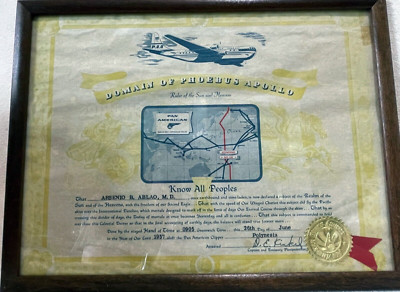 1957 Pan American Airways Certificate Domain of Phoebus Apollo Crossing Dateline
