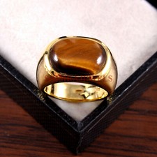 Natural Tiger Eye Gemstone with Gold Plated 925 Sterling Silver Men's Ring #148