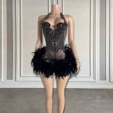 Luxury Short Gowns Prom Dresses Rhinestone Beaded Feathers Backless Sheath
