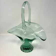 Large Vintage Green Tinted Glass Basket 12" x 9.75"