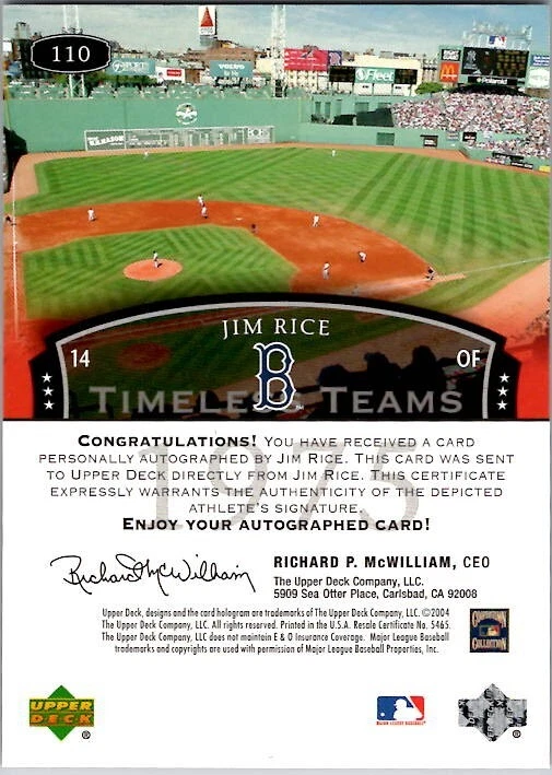 2004 Upper Deck Timeless Teams JIM RICE Boston Red Sox SSP AUTO #110 - Image 2 of 2